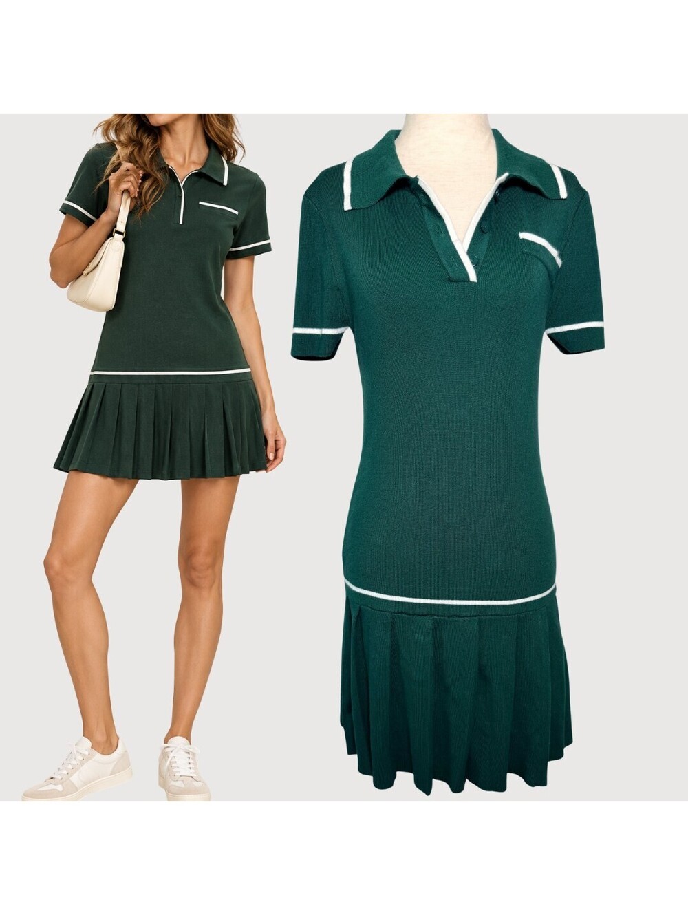 Caroline Constas Green Knit Pleated Tennis Polo Dress M